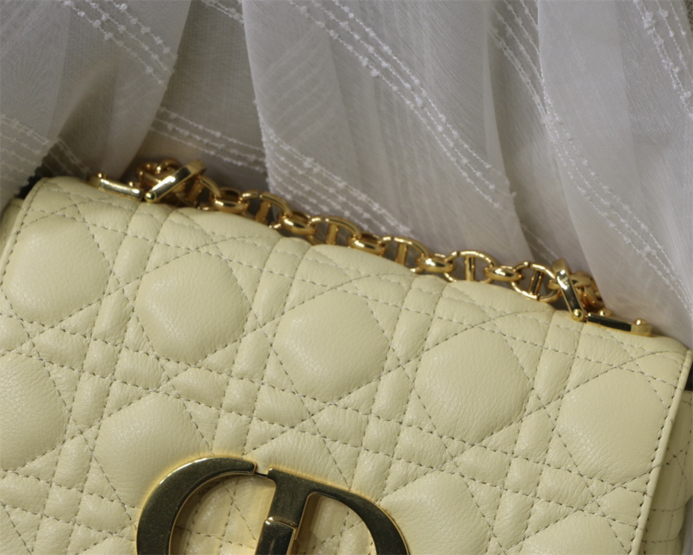 SMALL D*0r CARO BAG Light Yellow S*pple Cannage Calfskin 20 x 12 x 7 cm