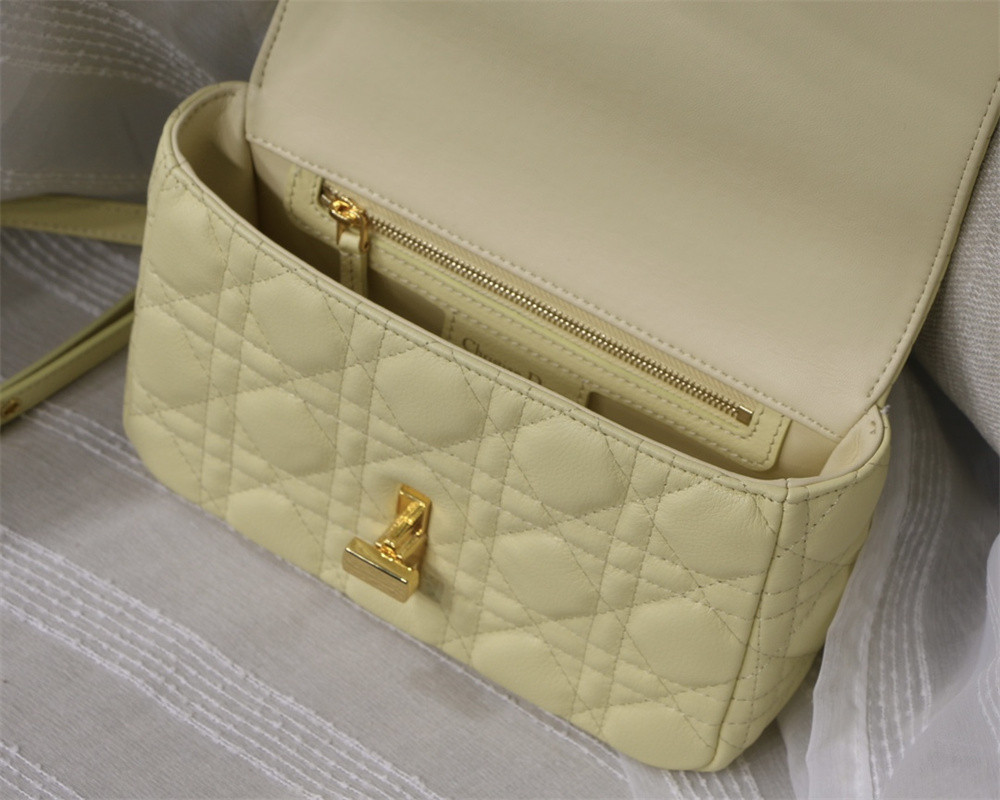 SMALL D*0r CARO BAG Light Yellow S*pple Cannage Calfskin 20 x 12 x 7 cm