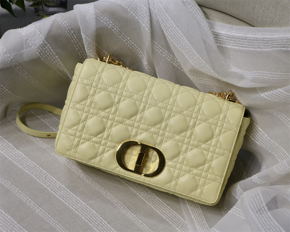 LARGE D*0r CARO BAG light yellow S*pple Cannage Calfskin 29 x 18 x 10 cm