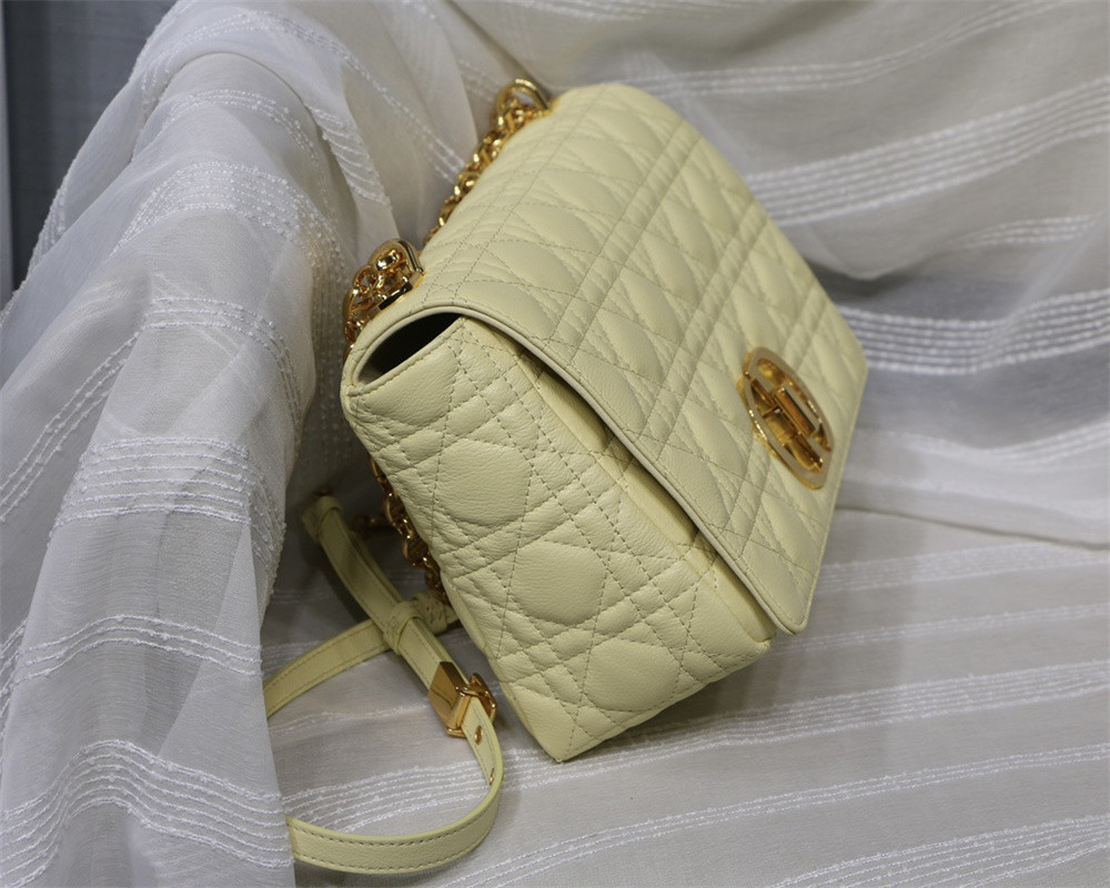 LARGE D*0r CARO BAG light yellow S*pple Cannage Calfskin 29 x 18 x 10 cm
