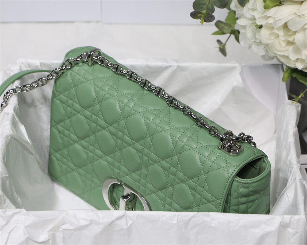 LARGE D*0r CARO BAG Green S*pple Cannage Calfskin With Silver Hardware 29 x 18 x 10 cm