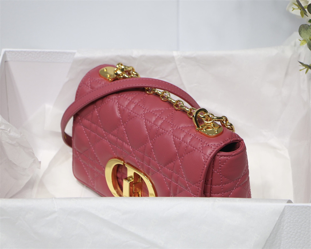 SMALL D*0r CARO BAG Light red S*pple Cannage Calfskin 20 x 12 x 7 cm