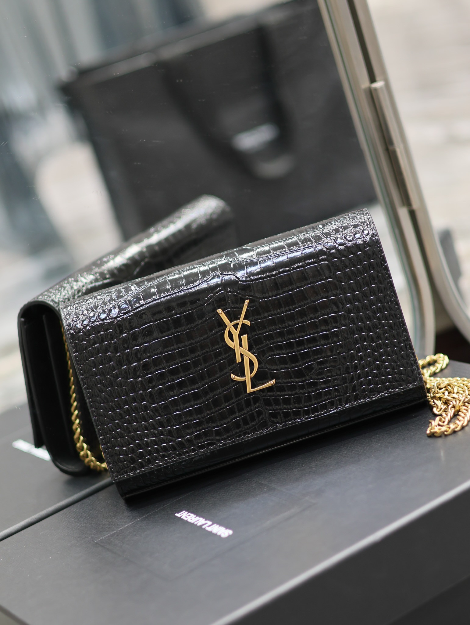 Y*L CASSANDRE CHAIN WALLET IN CROCODILE-EMBOSSED SHINY LEATHER
