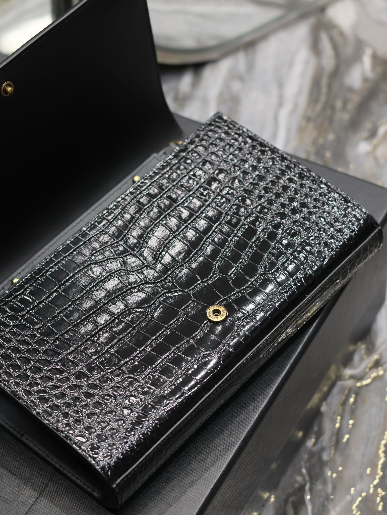Y*L CASSANDRE CHAIN WALLET IN CROCODILE-EMBOSSED SHINY LEATHER