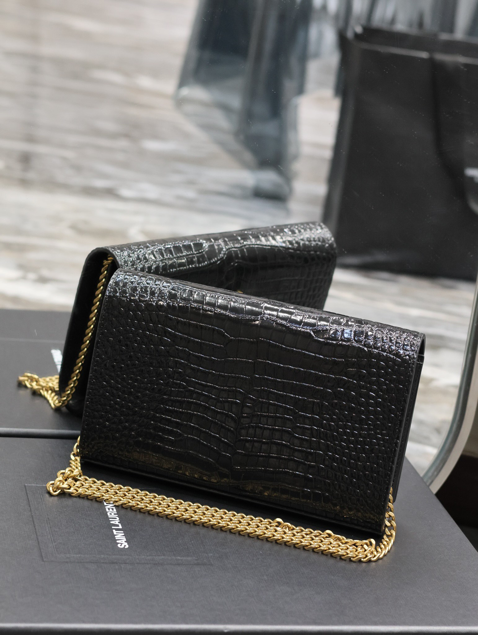 Y*L CASSANDRE CHAIN WALLET IN CROCODILE-EMBOSSED SHINY LEATHER