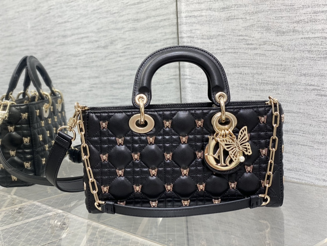 D*0r MEDIUM LADY D-JOY BAG Black with Butterfly Studs