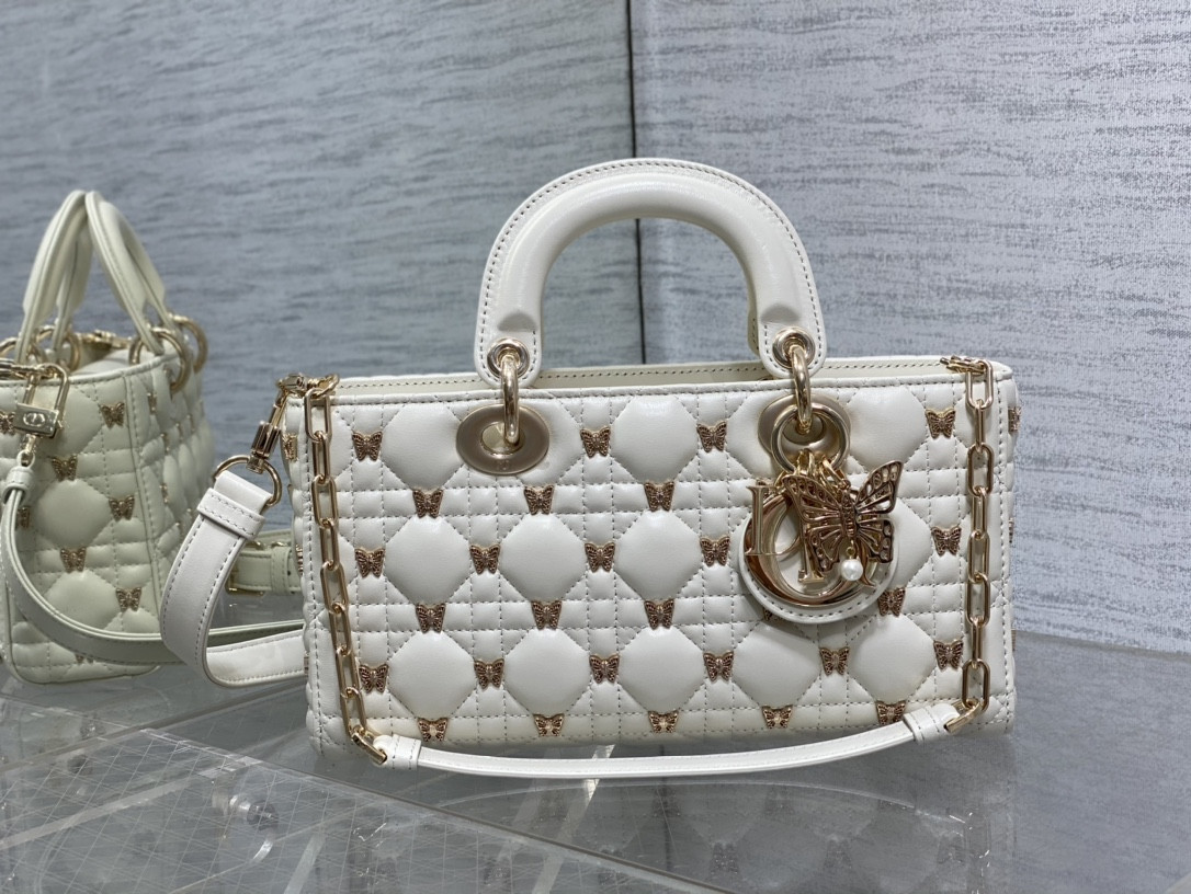 D*0r MEDIUM LADY D-JOY BAG White with Butterfly Studs