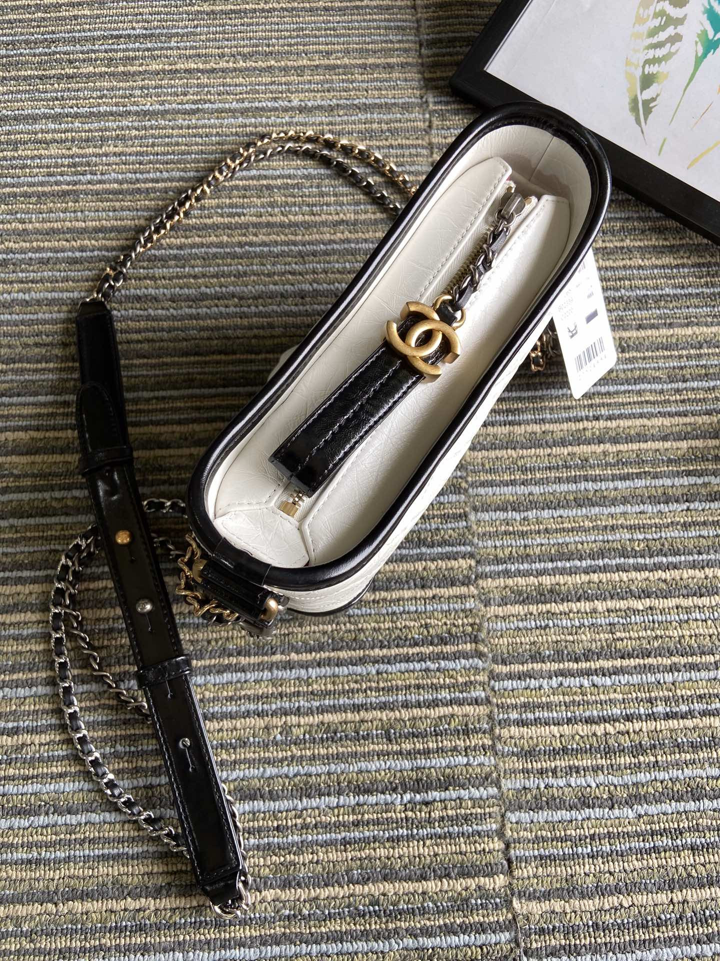 Ch*el Gabrielle SMALL WHITE BLACK with shoulder strap letters 20 x 15 x 8cm