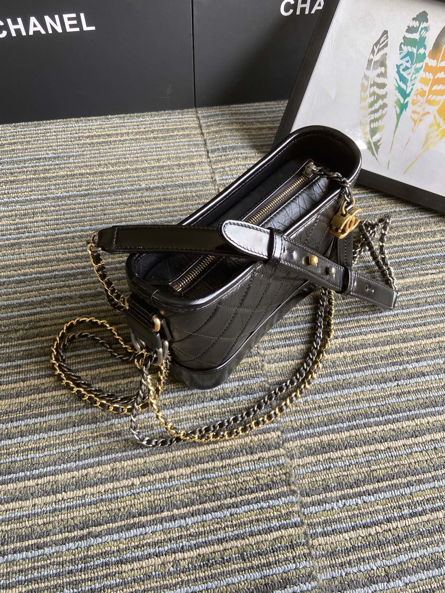 Ch*el Gabrielle SMALL BLACK with shoulder strap letters 20 x 15 x 8cm