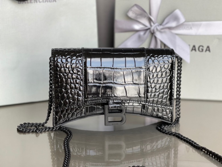 Ba*len*cia*ga WOMEN'S HOURGLASS WALLET ON CHAIN CROCODILE EMBOSSED IN BLACK WITH black matte hardware L7.6 x H4.7 x W1.9 inch