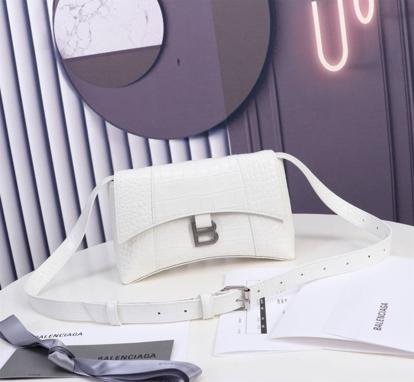 Ba*len*cia*ga WOMEN'S HOURGLASS WALLET SHOULDER BAG CROCODILE EMBOSSED IN WHITE  L9 x H5.9 x W3.9 inch