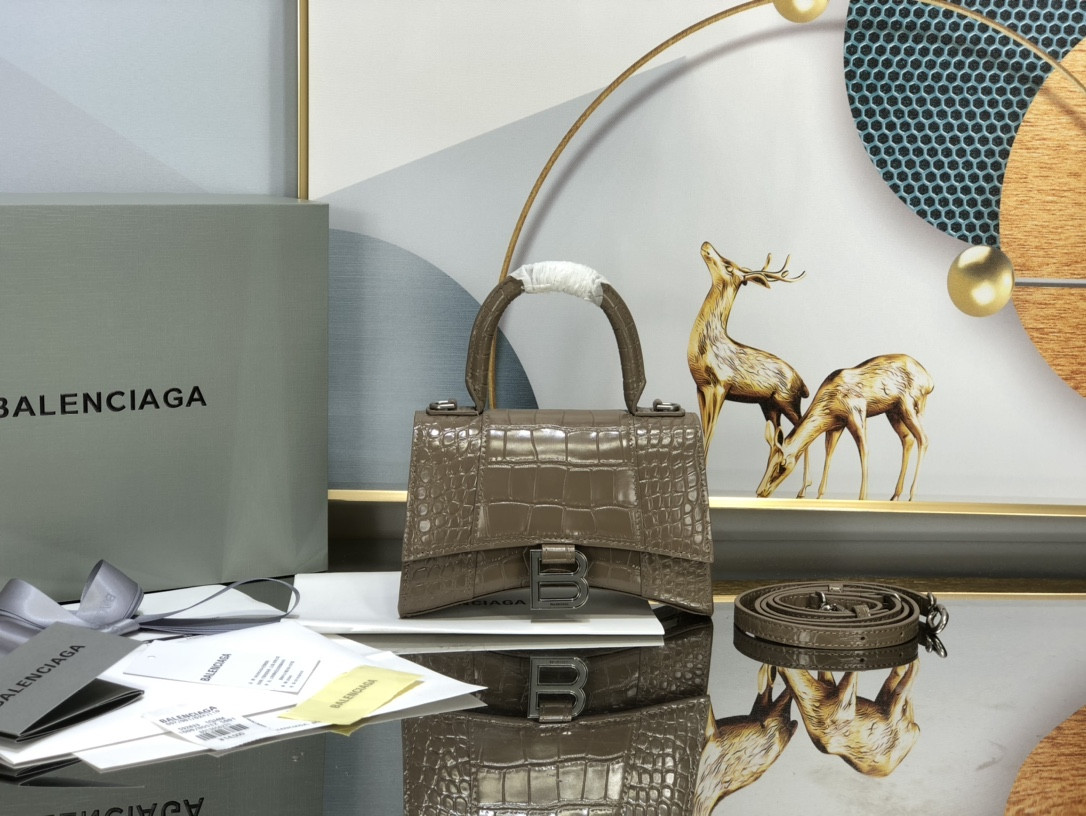 Ba*len*cia*ga WOMEN'S HOURGLASS MINI HANDBAG CROCODILE EMBOSSED IN APRICOT L7.4 x H5.1 x W3.1 inch