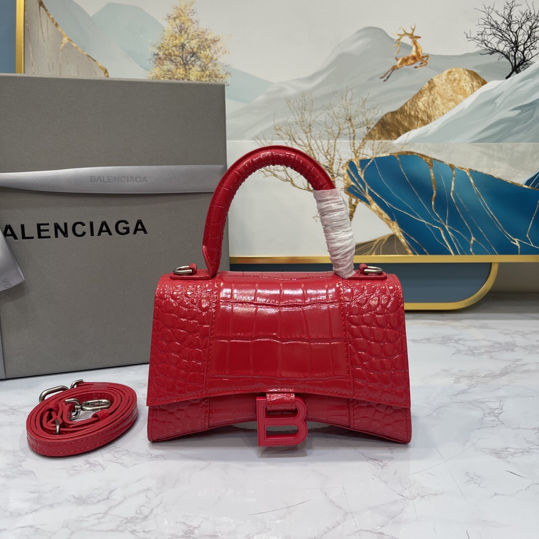 Ba*len*cia*ga WOMEN'S HOURGLASS MINI HANDBAG CROCODILE EMBOSSED IN RED L7.4 x H5.1 x W3.1 inch