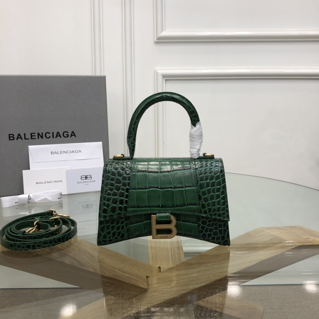 Ba*len*cia*ga WOMEN'S HOURGLASS MINI HANDBAG CROCODILE EMBOSSED IN GREEN L7.4 x H5.1 x W3.1 inch
