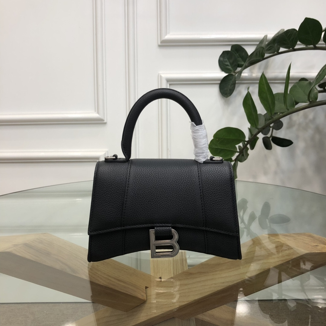 Ba*len*cia*ga WOMEN'S HOURGLASS MINI HANDBAG GRAINED LEATHER IN BLACK L7.4 x H5.1 x W3.1 inch