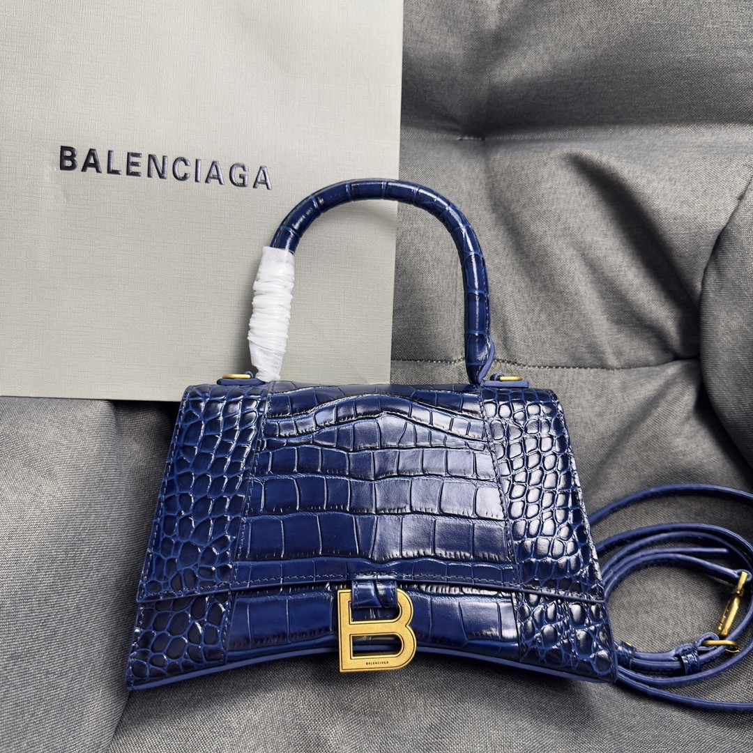 Ba*len*cia*ga WOMEN'S HOURGLASS SMALL HANDBAG CROCODILE EMBOSSED IN NAVY L9 x H5.5 x W3.9 inch