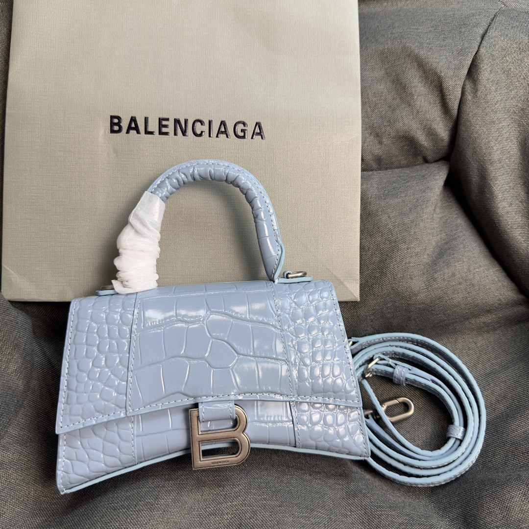 Ba*len*cia*ga WOMEN'S HOURGLASS MINI HANDBAG CROCODILE EMBOSSED IN LIGHT BLUE L7.4 x H5.1 x W3.1 inch