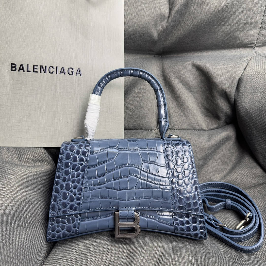 Ba*len*cia*ga WOMEN'S HOURGLASS SMALL HANDBAG CROCODILE EMBOSSED IN BLUE L9 x H5.5 x W3.9 inch
