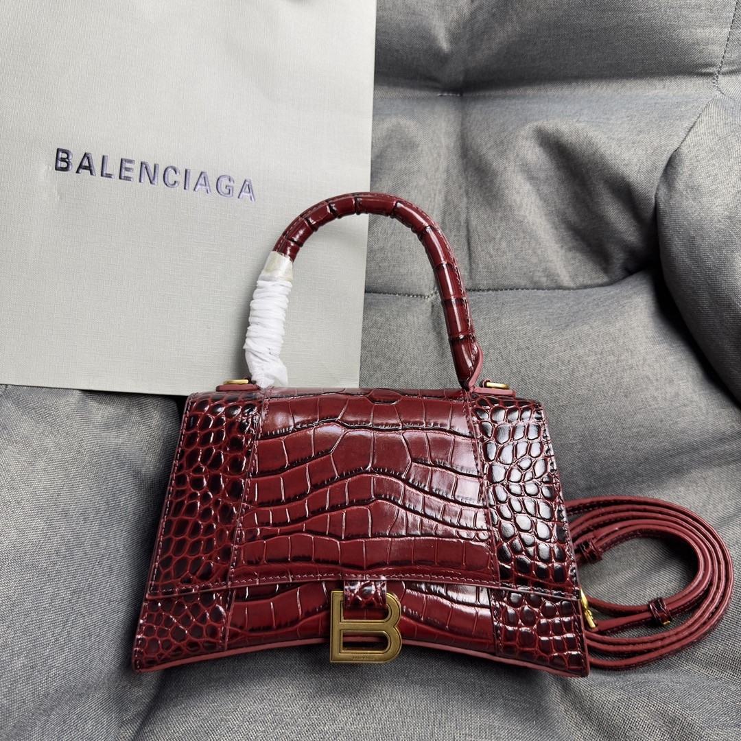 Ba*len*cia*ga WOMEN'S HOURGLASS SMALL HANDBAG CROCODILE EMBOSSED IN CLARET L9 x H5.5 x W3.9 inch