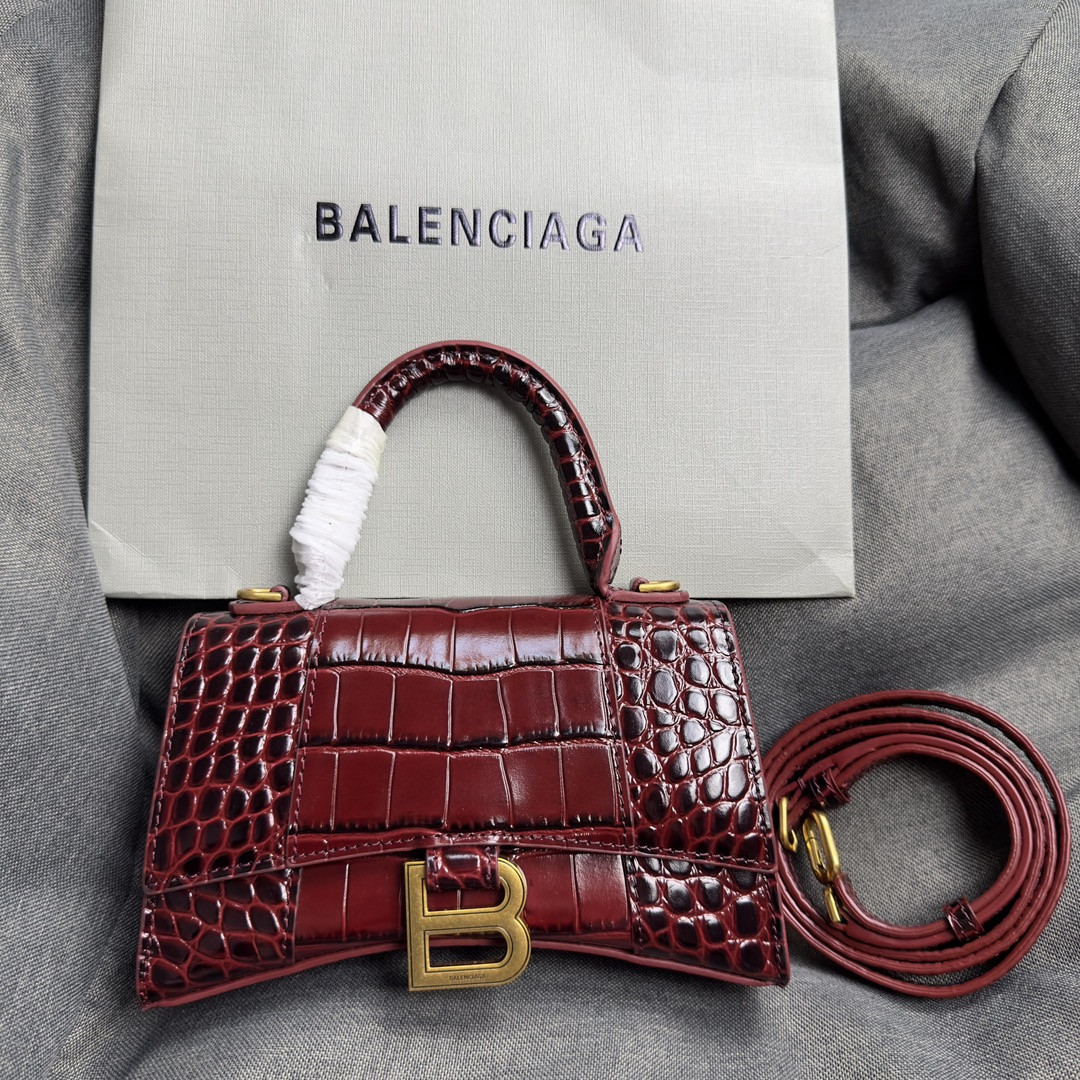 Ba*len*cia*ga WOMEN'S HOURGLASS MINI HANDBAG CROCODILE EMBOSSED IN CLARET L7.4 x H5.1 x W3.1 inch