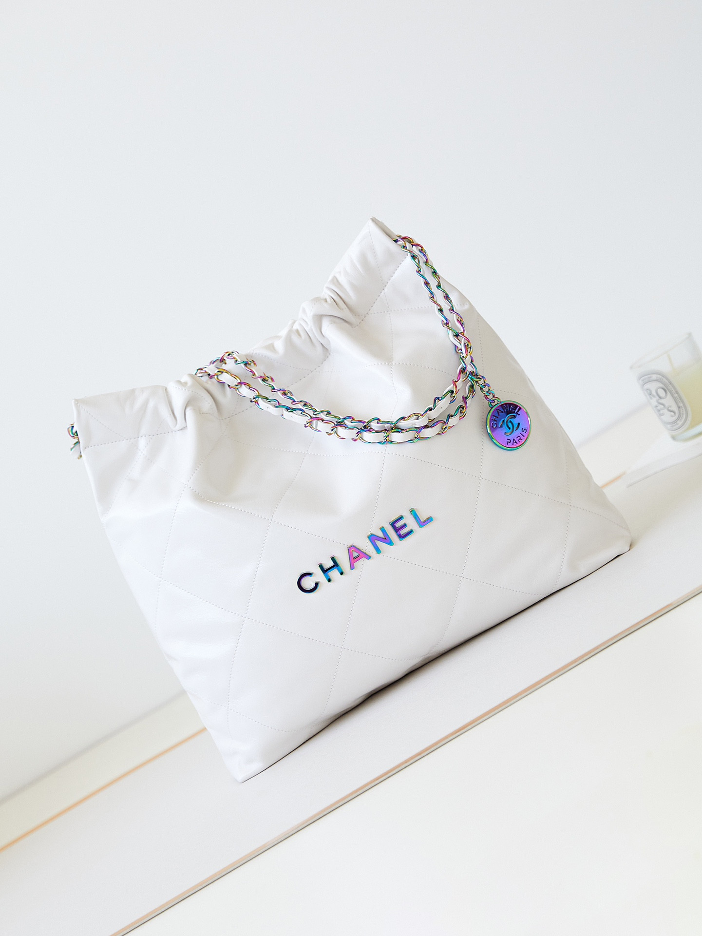 Ch*el 22 SMALL HANDBAG Shiny Calfskin & Rainbow Metal White 15.2×16.4×3.1 in