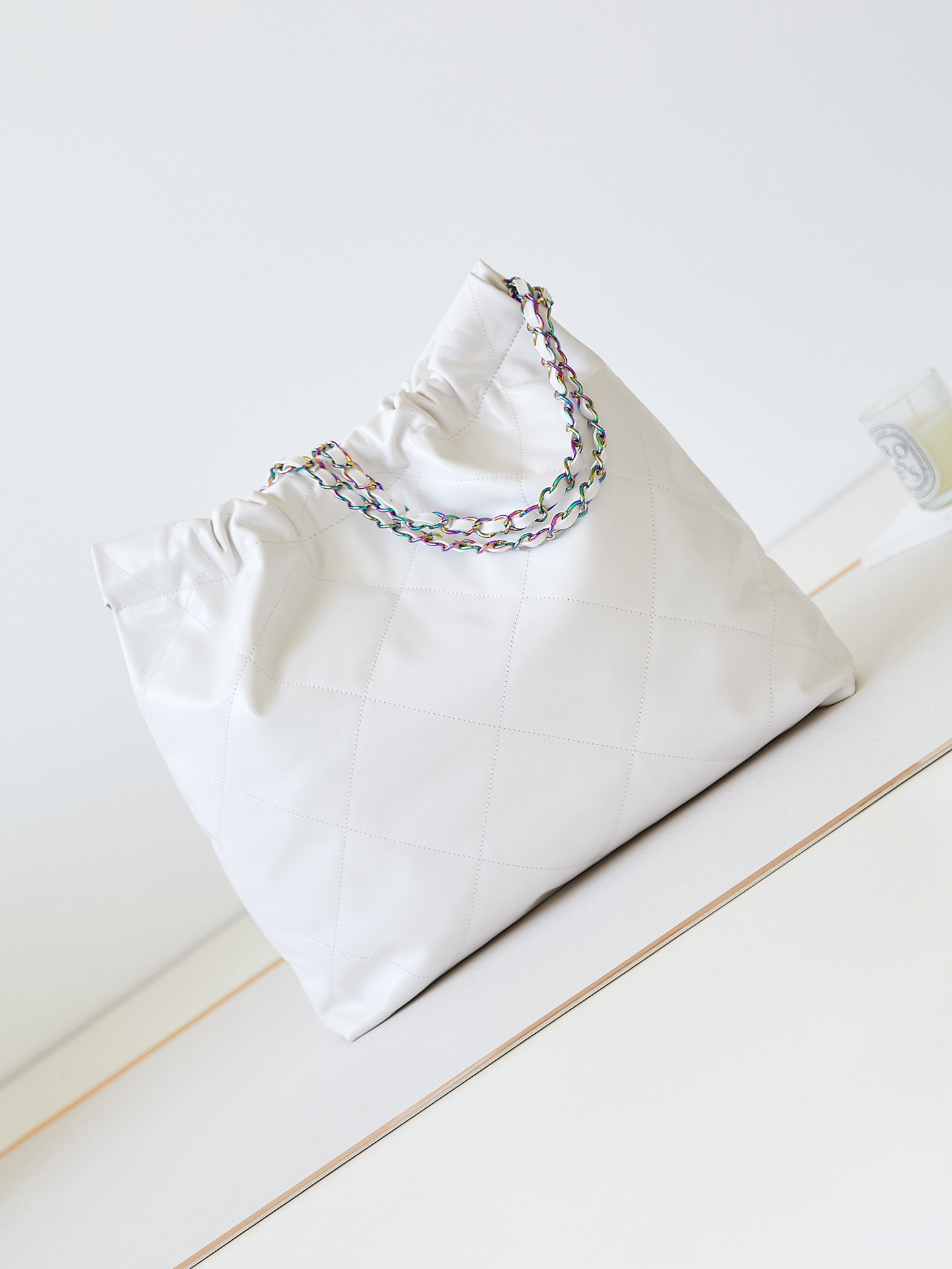 Ch*el 22 SMALL HANDBAG Shiny Calfskin & Rainbow Metal White 15.2×16.4×3.1 in