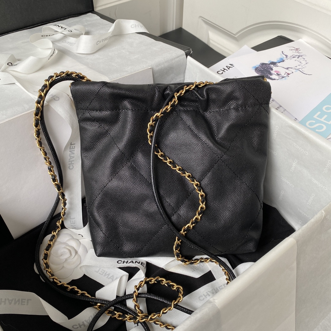 Ch*el 22 MINI HANDBAG GRAINED LEATHER BLACK 7.8 × 7.4 × 2.3 in