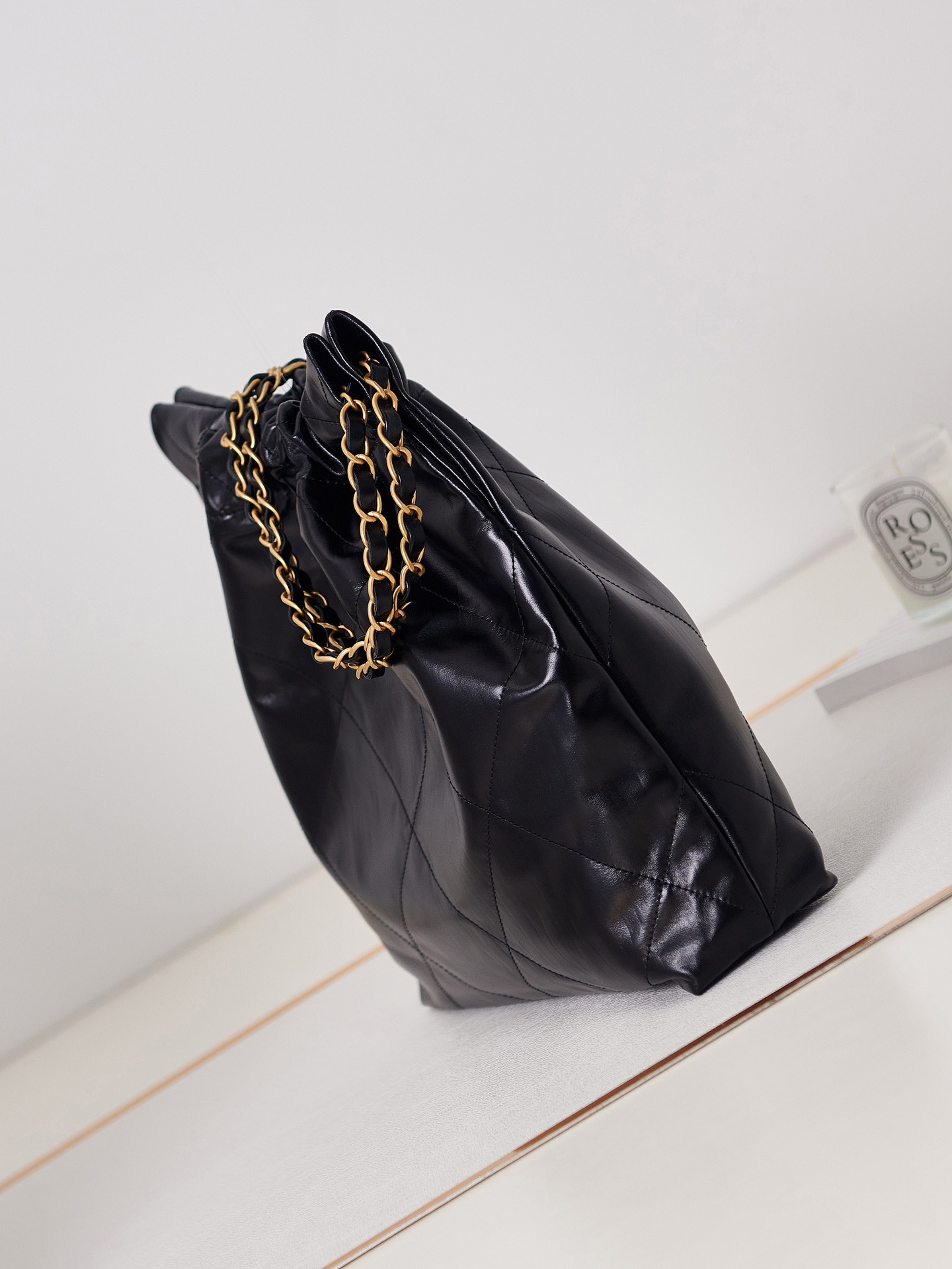 Ch*el 22 SMALL HANDBAG Shiny Calfskin & GOLD Metal BLACK 13.7×14.4×2.7 in