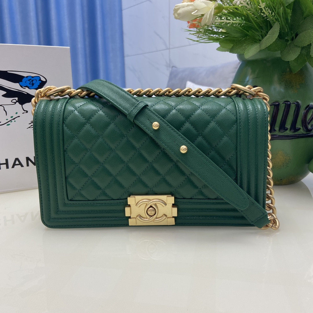 BOY Ch*el HANDBAG Shiny Grained Calfskin & Gold-Tone Metal Green 5.9 × 9.8 × 3.5 in