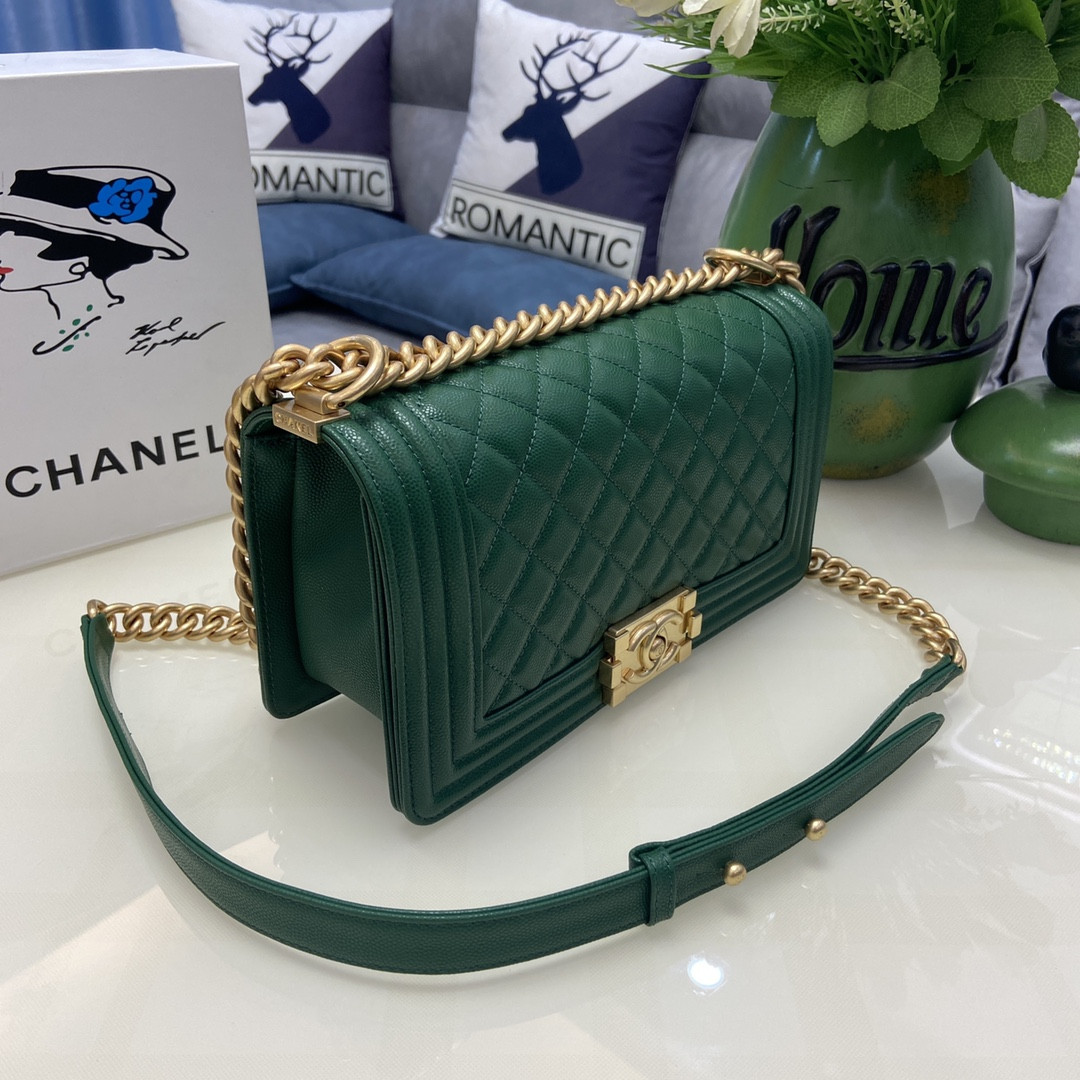 BOY Ch*el HANDBAG Shiny Grained Calfskin & Gold-Tone Metal Green 5.9 × 9.8 × 3.5 in
