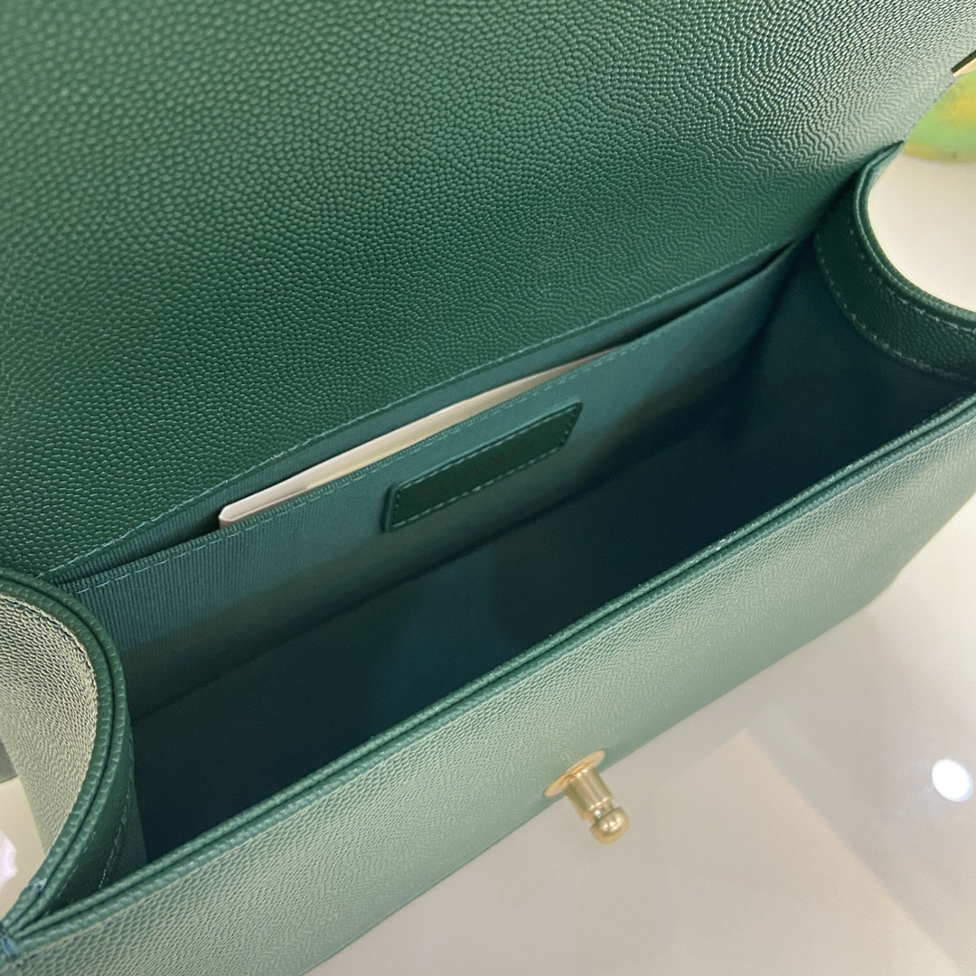 BOY Ch*el HANDBAG Shiny Grained Calfskin & Gold-Tone Metal Green 5.9 × 9.8 × 3.5 in