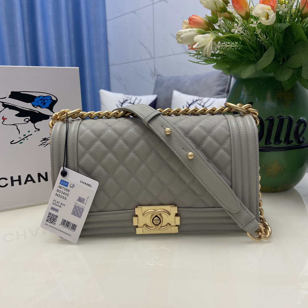 BOY Ch*el HANDBAG Shiny Grained Calfskin & Gold-Tone Metal Gray 5.9 × 9.8 × 3.5 in