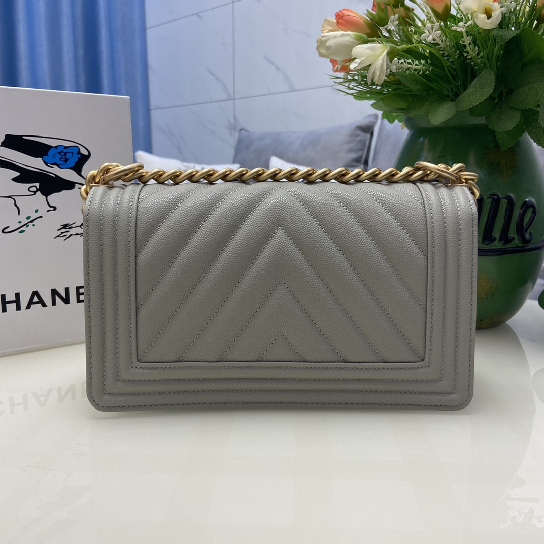 BOY Ch*el HANDBAG Shiny Grained Calfskin & Gold-Tone Metal Gray 5.9 × 9.8 × 3.5 in