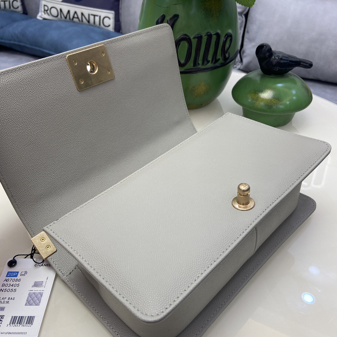 BOY Ch*el HANDBAG Shiny Grained Calfskin & Gold-Tone Metal Gray 5.9 × 9.8 × 3.5 in