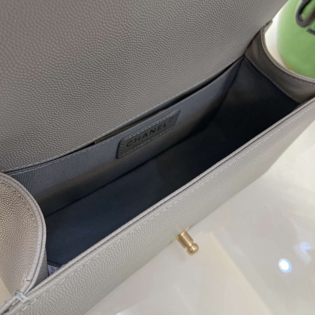 BOY Ch*el HANDBAG Shiny Grained Calfskin & Gold-Tone Metal Gray 5.9 × 9.8 × 3.5 in