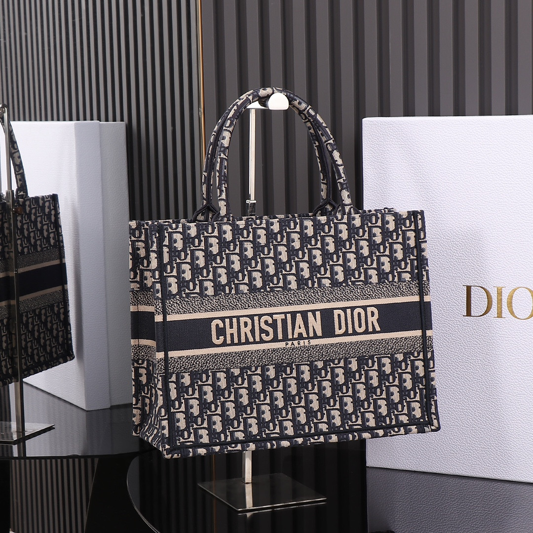 Medium D*0r Book Tote  Ecru and Blue D*0r Oblique Embroidery 14 x 11 x 6.5 inches