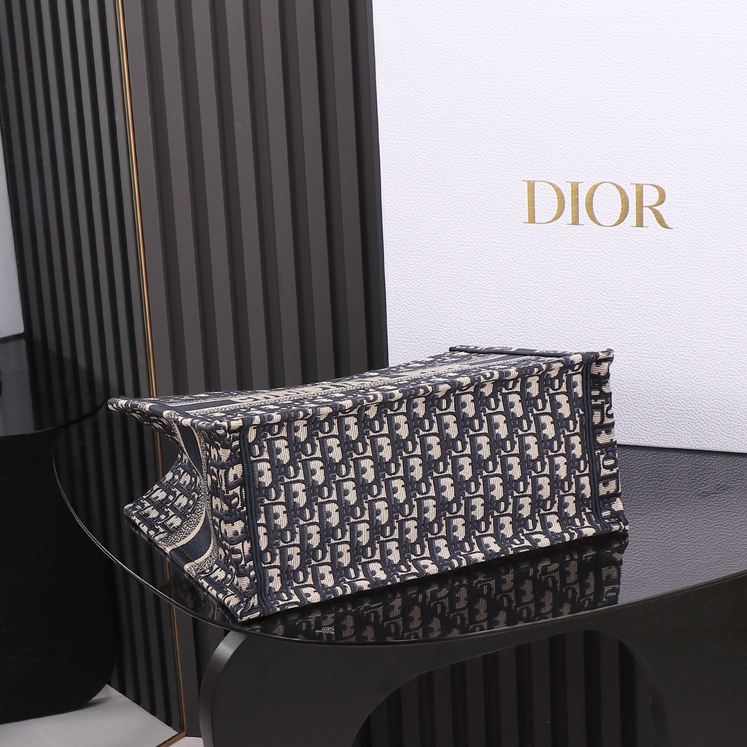 Medium D*0r Book Tote  Ecru and Blue D*0r Oblique Embroidery 14 x 11 x 6.5 inches