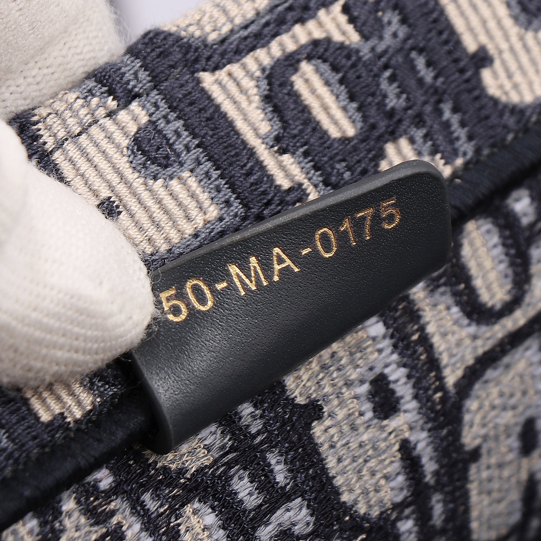 Medium D*0r Book Tote  Ecru and Blue D*0r Oblique Embroidery 14 x 11 x 6.5 inches