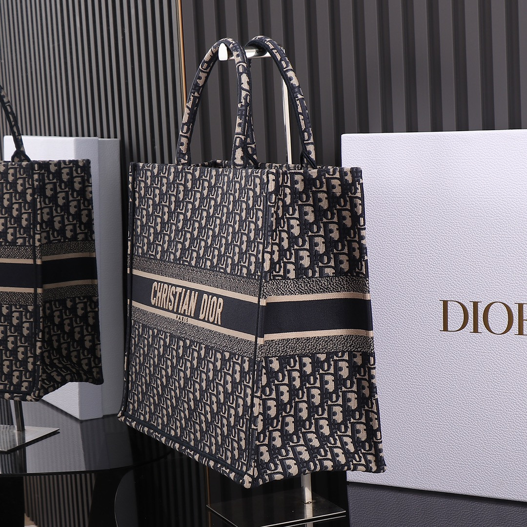 Large D*0r Book Tote  Ecru and Blue D*0r Oblique Embroidery 16.5 x 14 x 7.5 inches