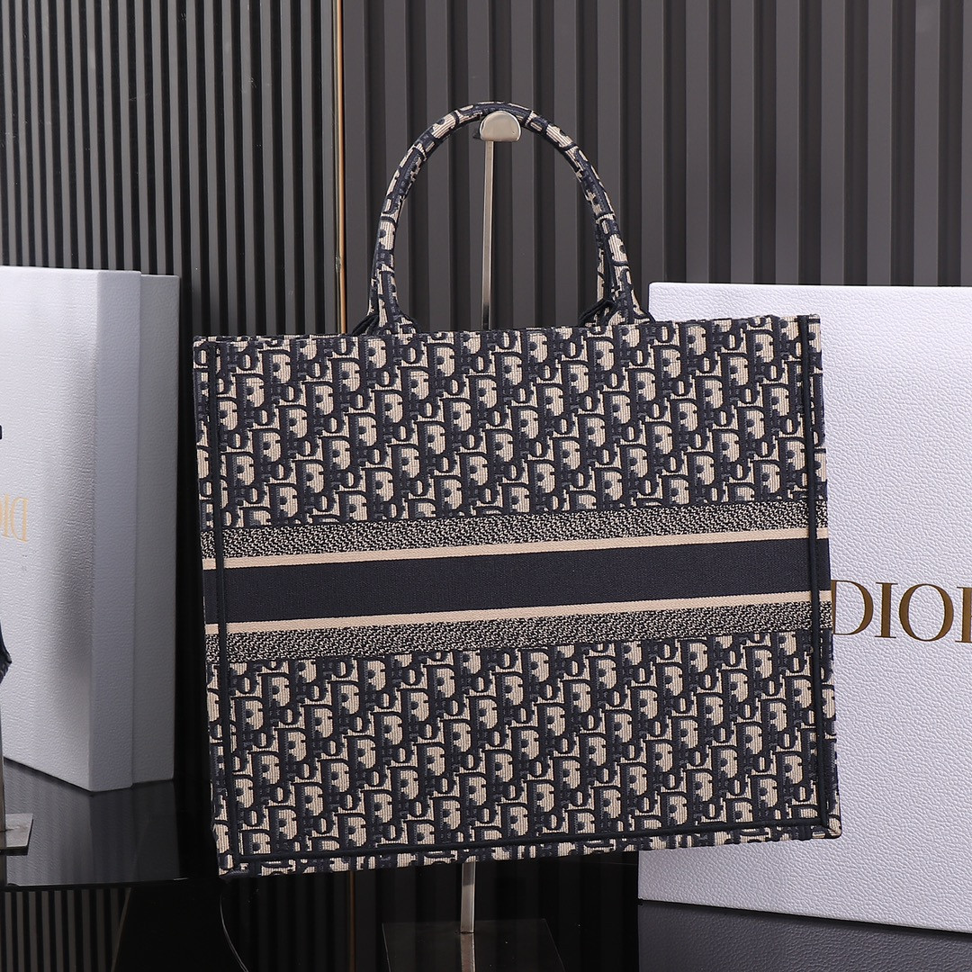 Large D*0r Book Tote  Ecru and Blue D*0r Oblique Embroidery 16.5 x 14 x 7.5 inches