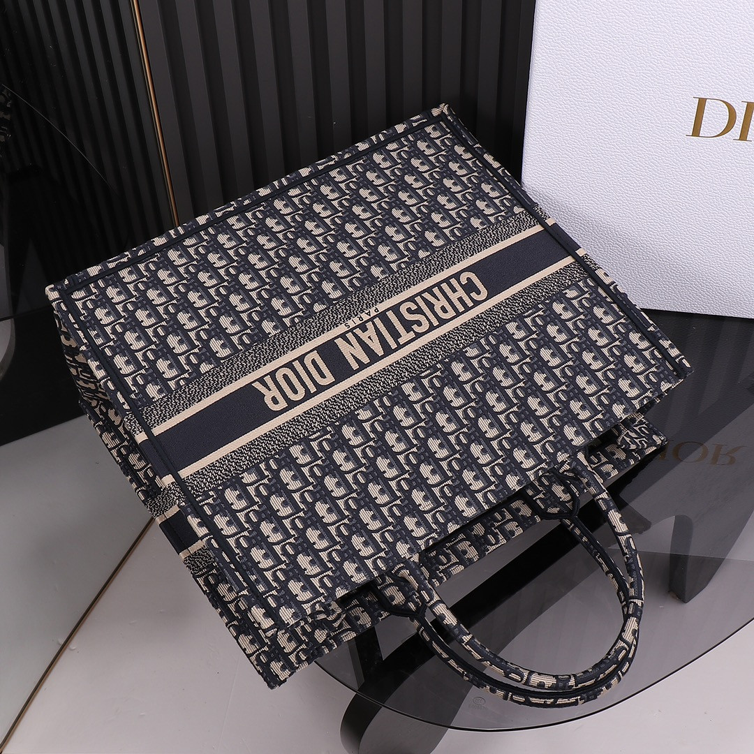 Large D*0r Book Tote  Ecru and Blue D*0r Oblique Embroidery 16.5 x 14 x 7.5 inches