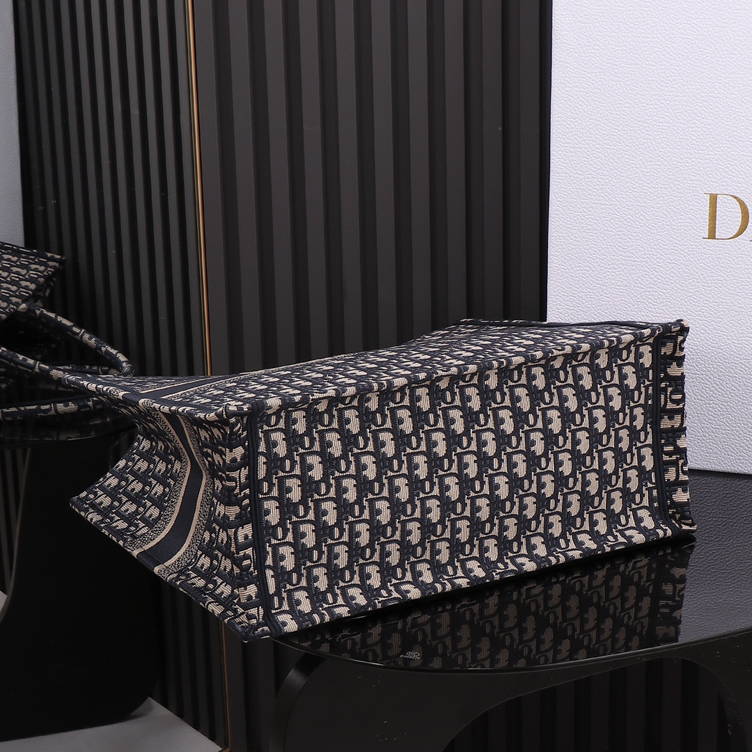 Large D*0r Book Tote  Ecru and Blue D*0r Oblique Embroidery 16.5 x 14 x 7.5 inches