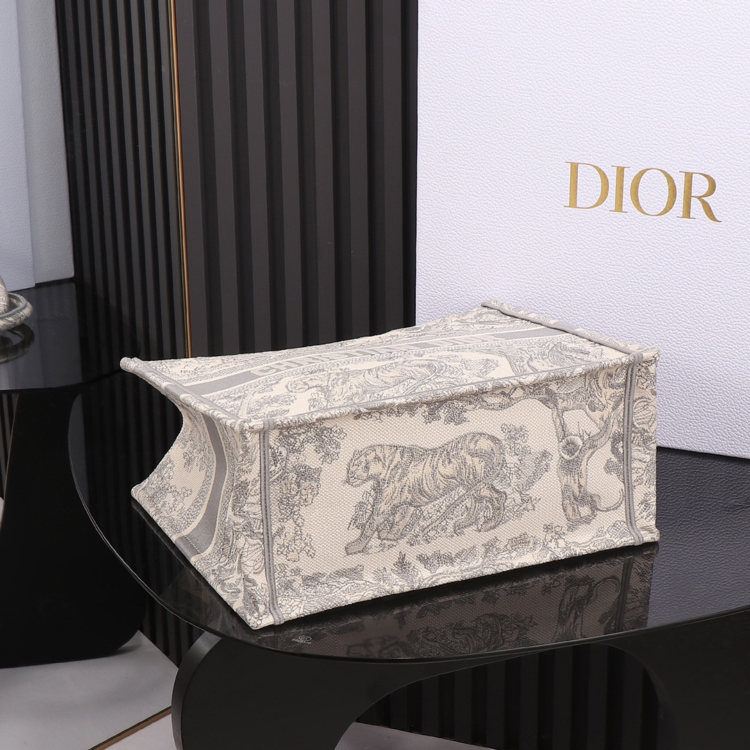 Medium D*0r Book Tote Ecru and Gray Toile de Jouy Embroidery 14 x 11 x 6.5 inches