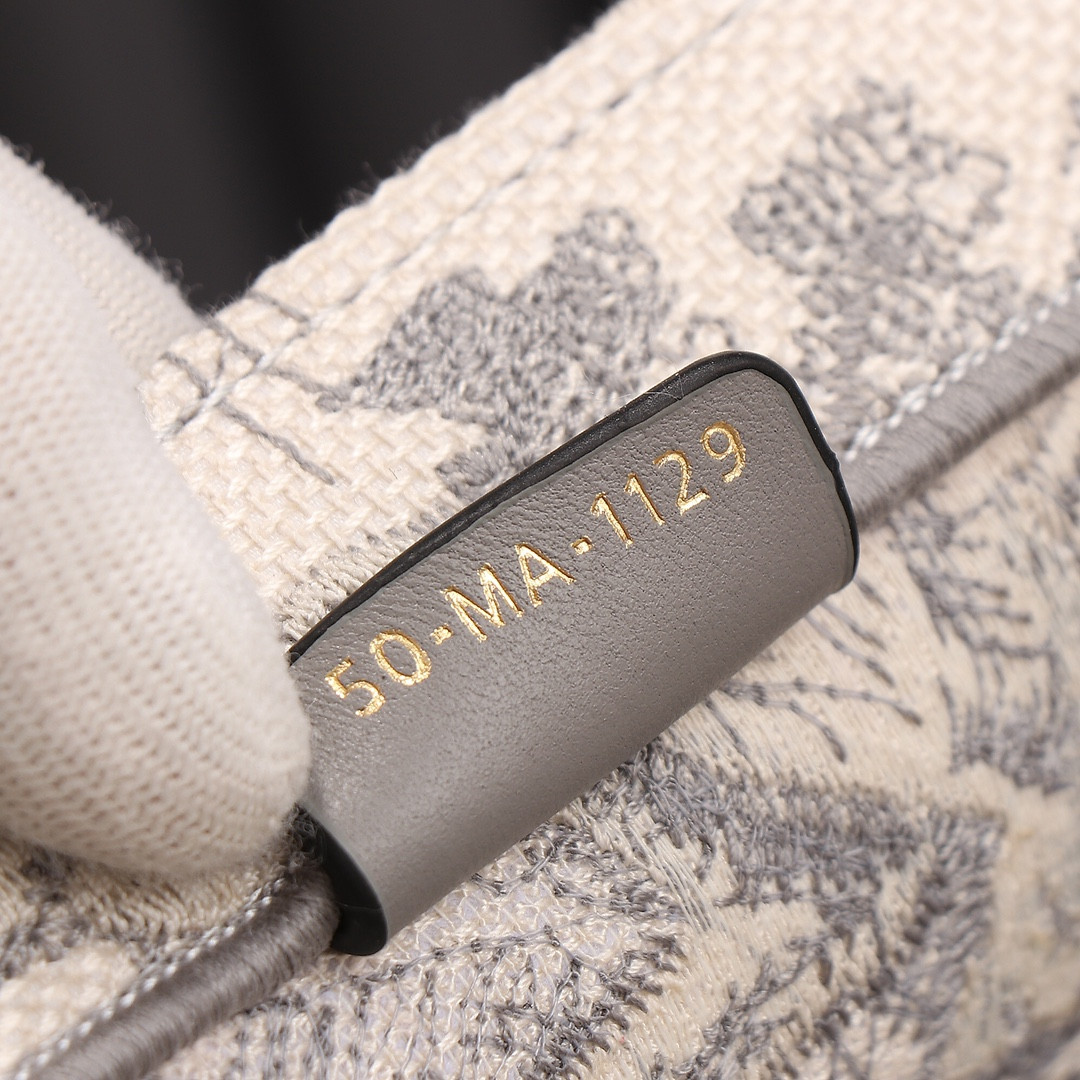 Medium D*0r Book Tote Ecru and Gray Toile de Jouy Embroidery 14 x 11 x 6.5 inches