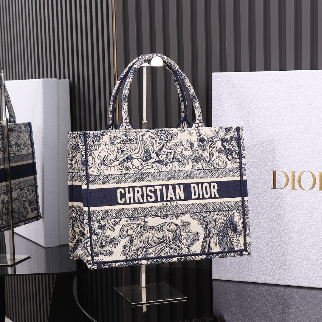 Medium D*0r Book Tote  Ecru and Blue Toile de Jouy Embroidery 14 x 11 x 6.5 inches