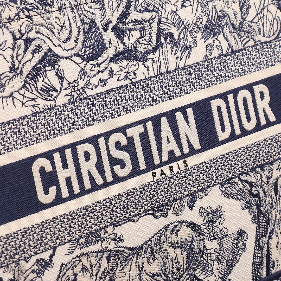 Medium D*0r Book Tote  Ecru and Blue Toile de Jouy Embroidery 14 x 11 x 6.5 inches