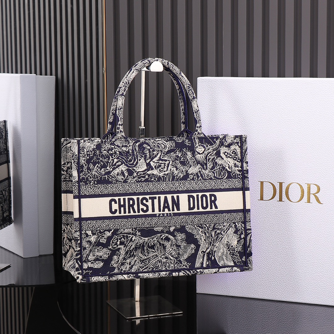 Medium D*0r Book Tote  Blue and Ecru Toile de Jouy Reverse Embroidery 14 x 11 x 6.5 inches