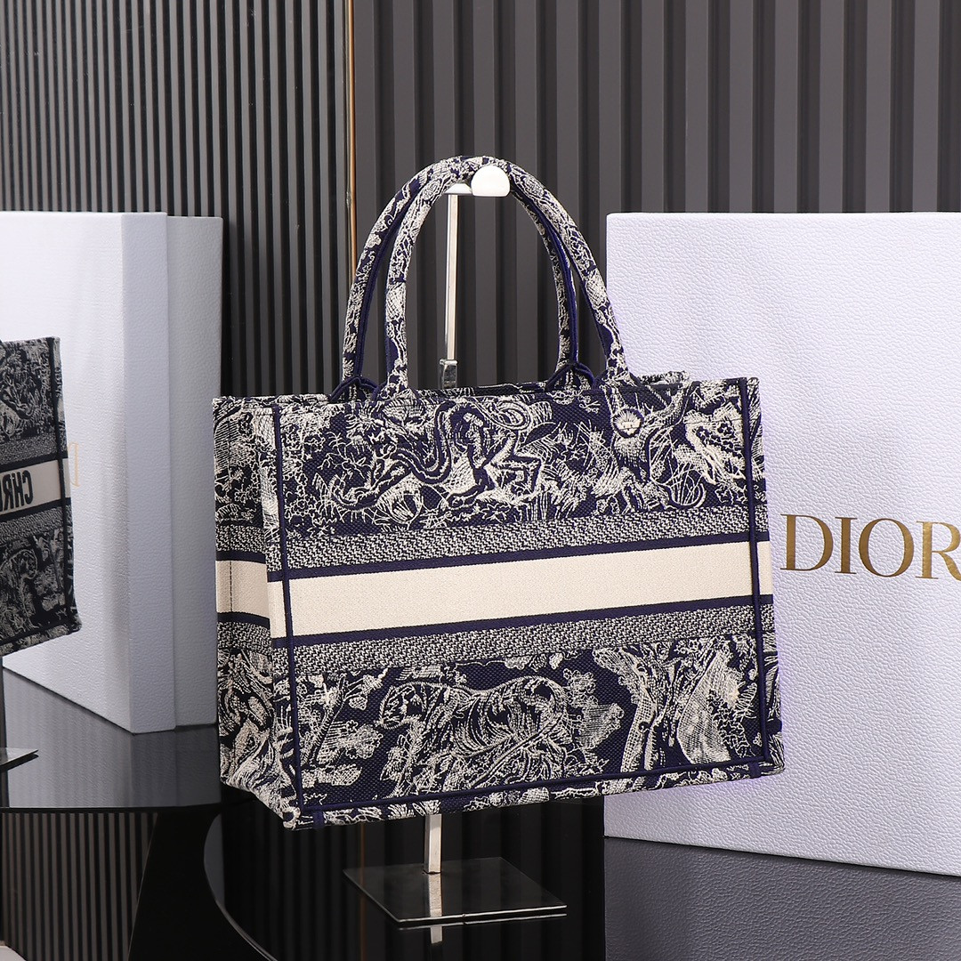 Medium D*0r Book Tote  Blue and Ecru Toile de Jouy Reverse Embroidery 14 x 11 x 6.5 inches