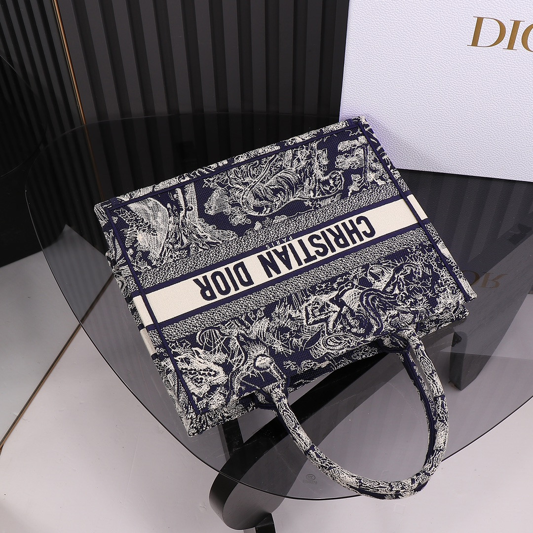 Medium D*0r Book Tote  Blue and Ecru Toile de Jouy Reverse Embroidery 14 x 11 x 6.5 inches