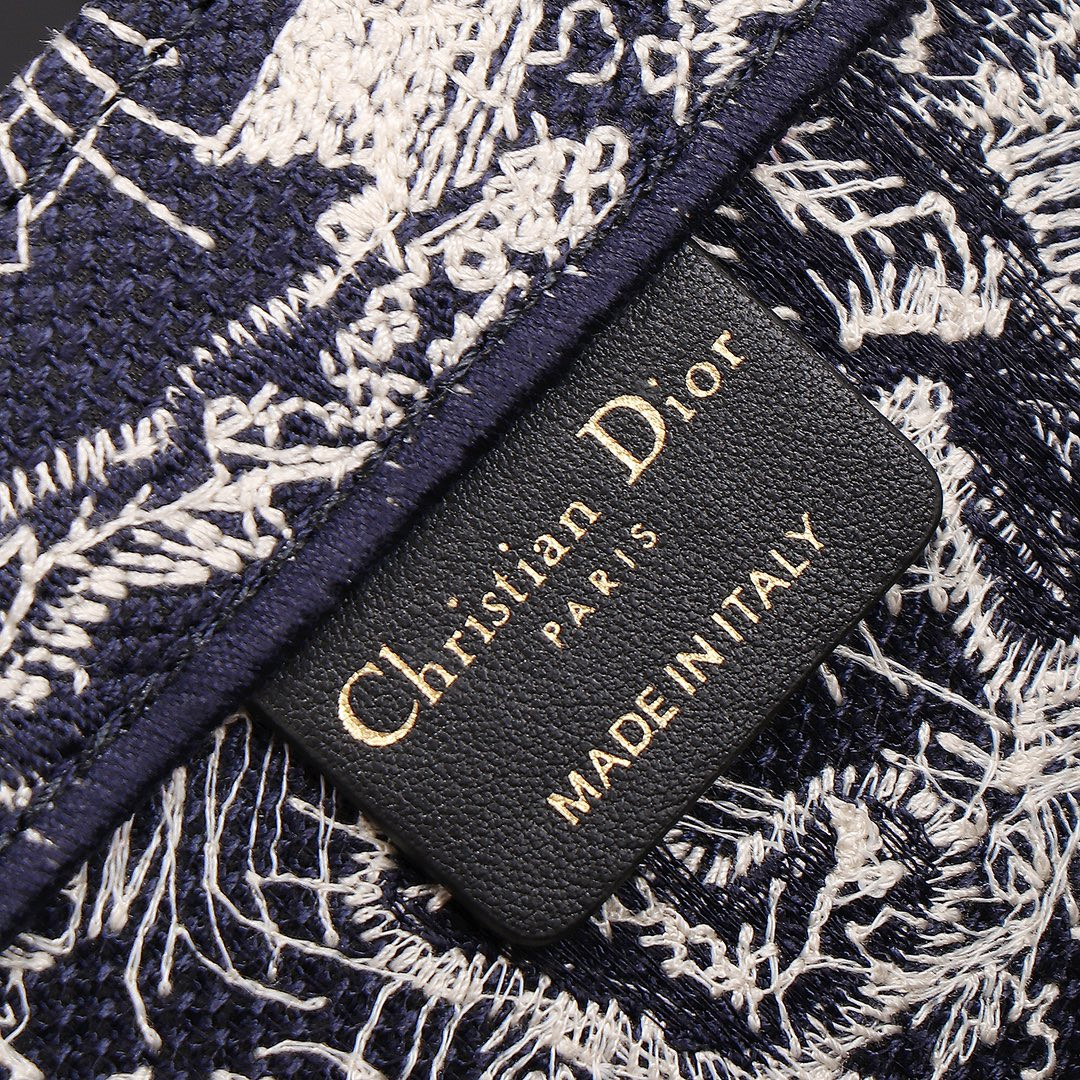 Medium D*0r Book Tote  Blue and Ecru Toile de Jouy Reverse Embroidery 14 x 11 x 6.5 inches